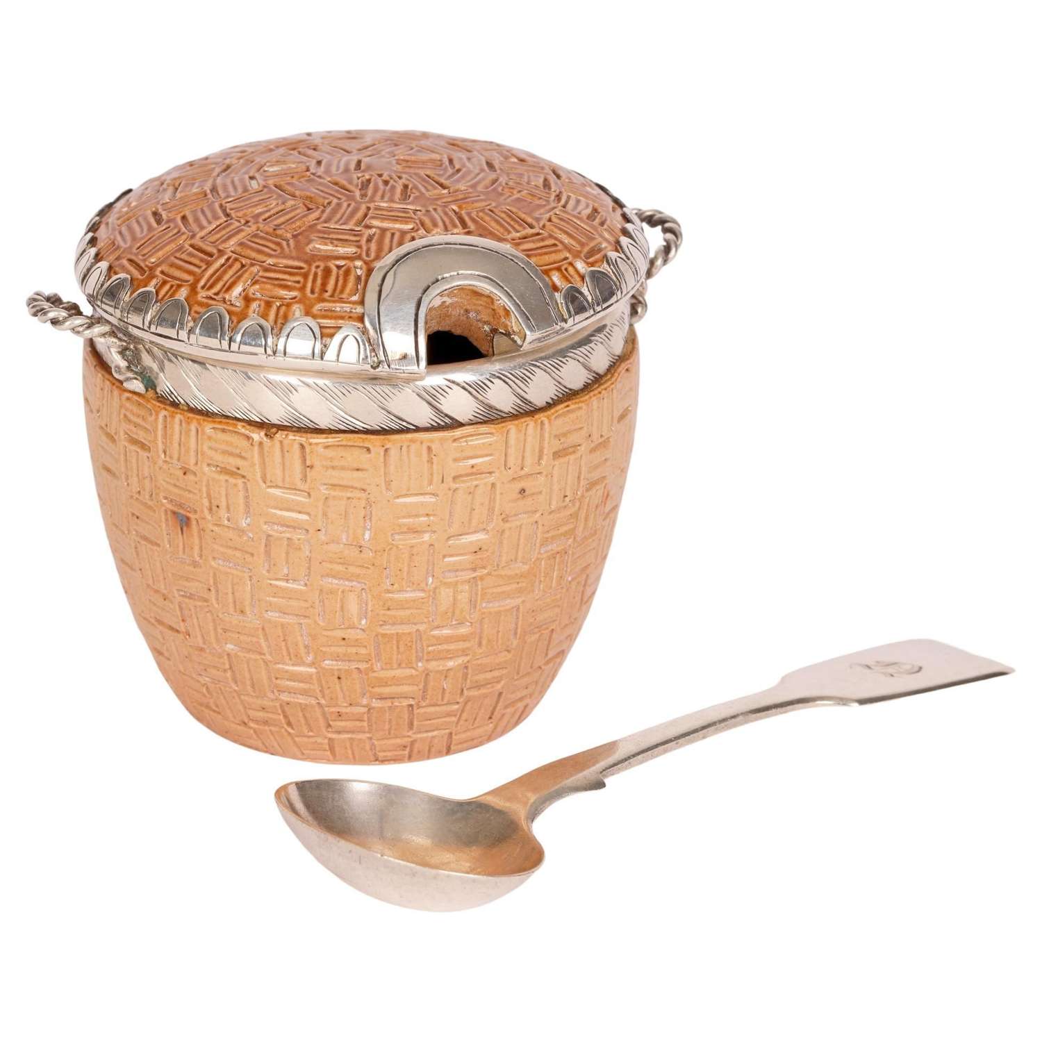 Doulton Lambeth Salt Glazed Silver Mounted Wicker Basket Mustard Pot