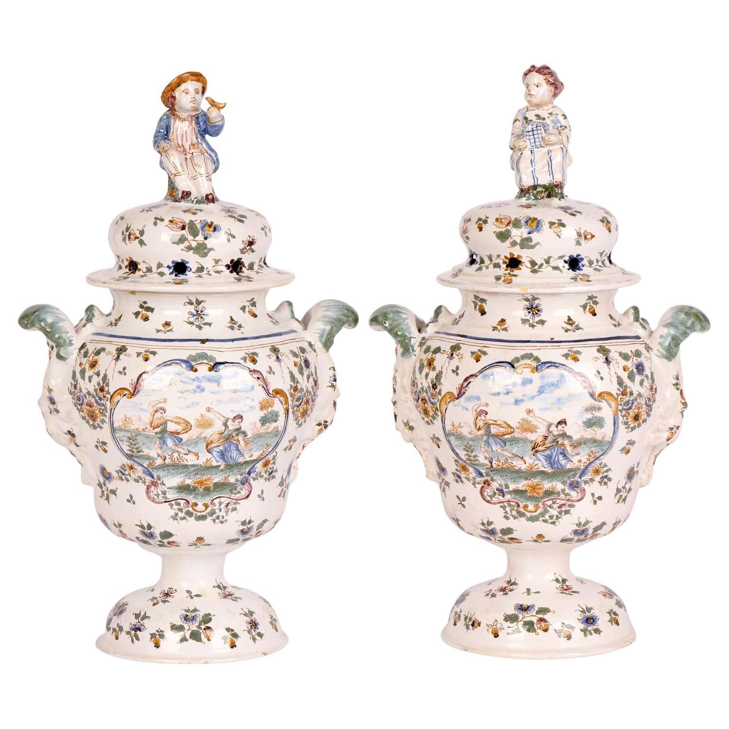 Moustiers Pair French Faience Figural Mounted Pottery Pot Pourri Vases