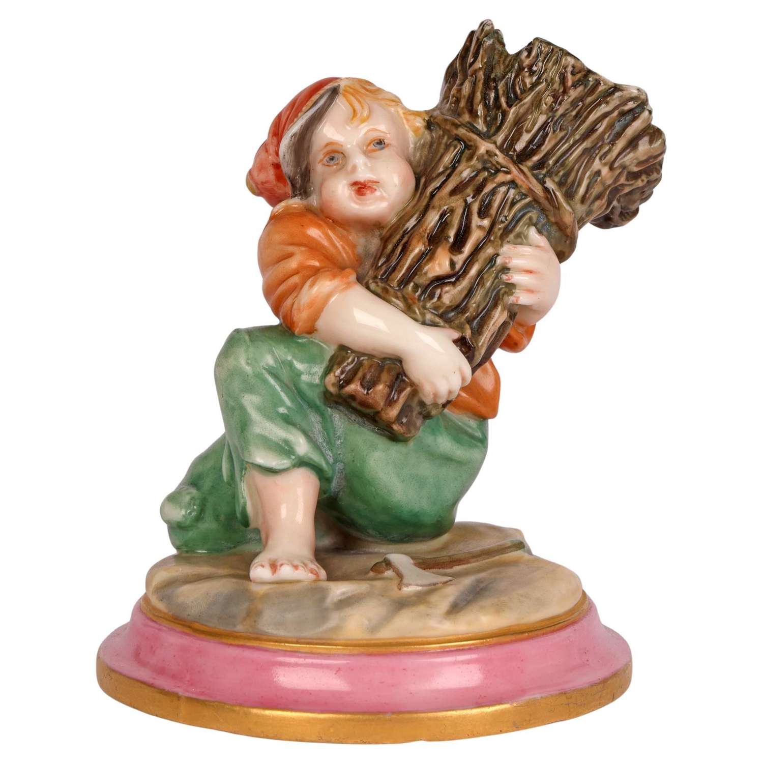 Royal Worcester Attributed Figural Boy with Bundle of Wooden Twigs Spi