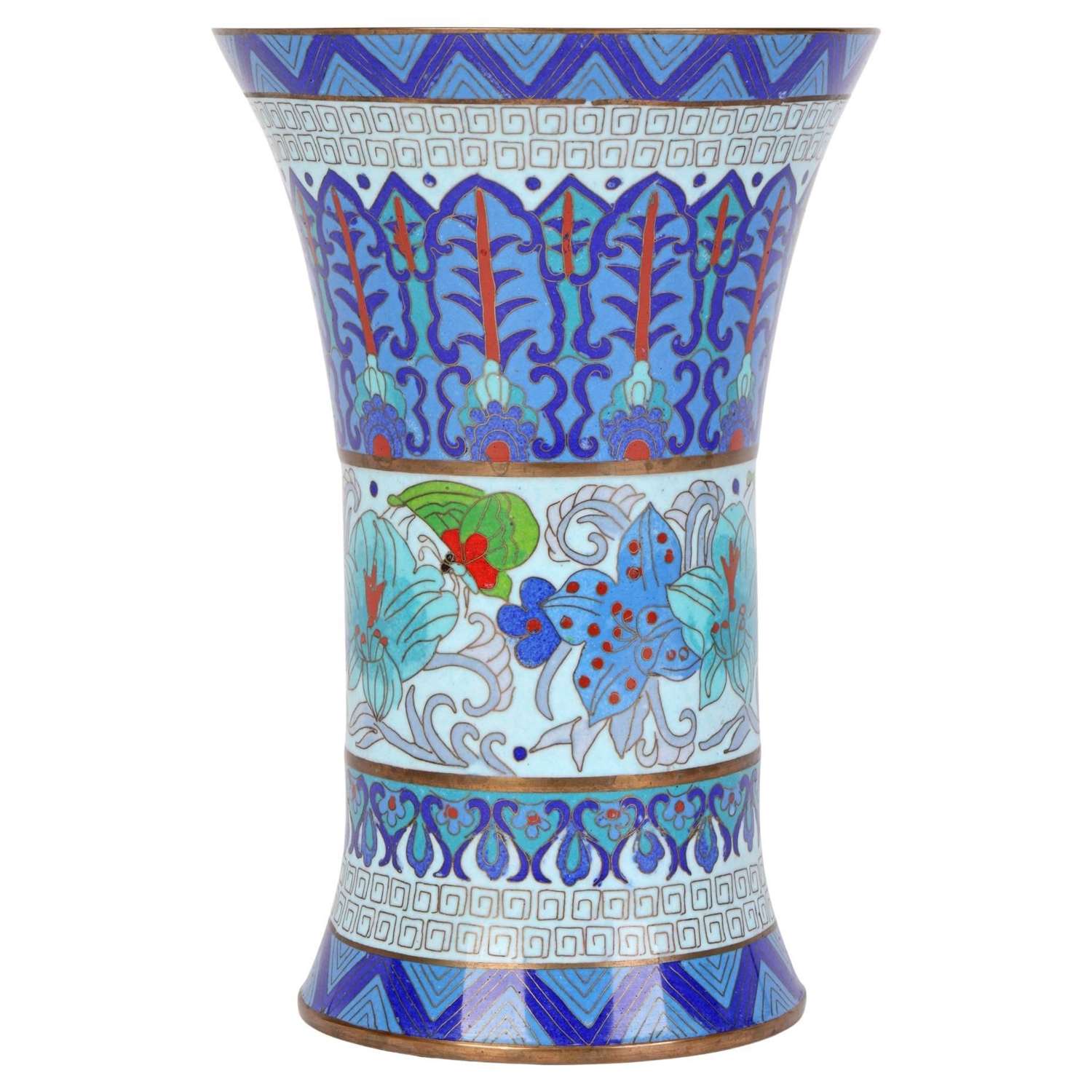 Chinese Cloisonne Trumpet Shape Waisted Blue Floral Design Vase