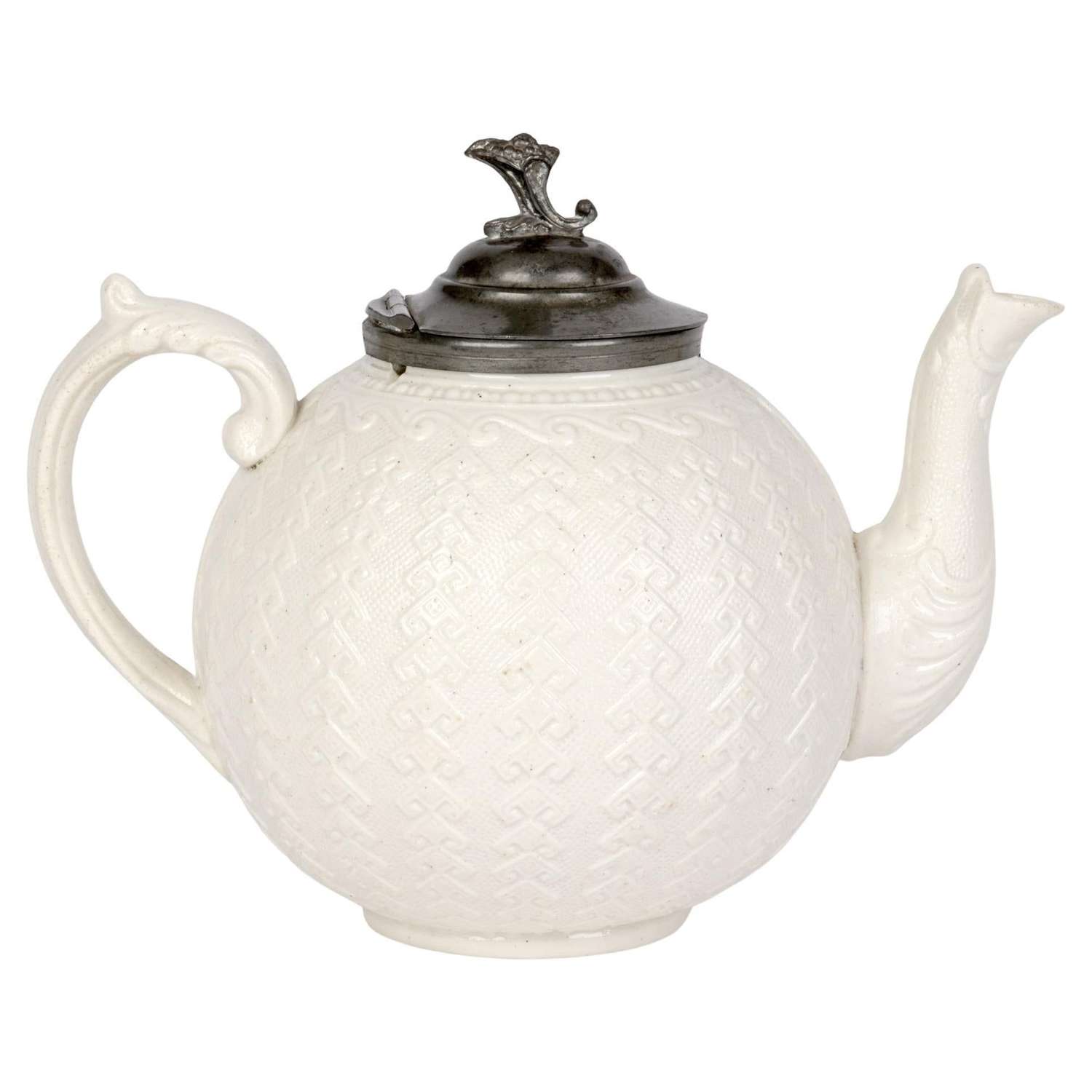 James Dudson Antique Pewter Mounted Salt Glazed Ceramic Teapot