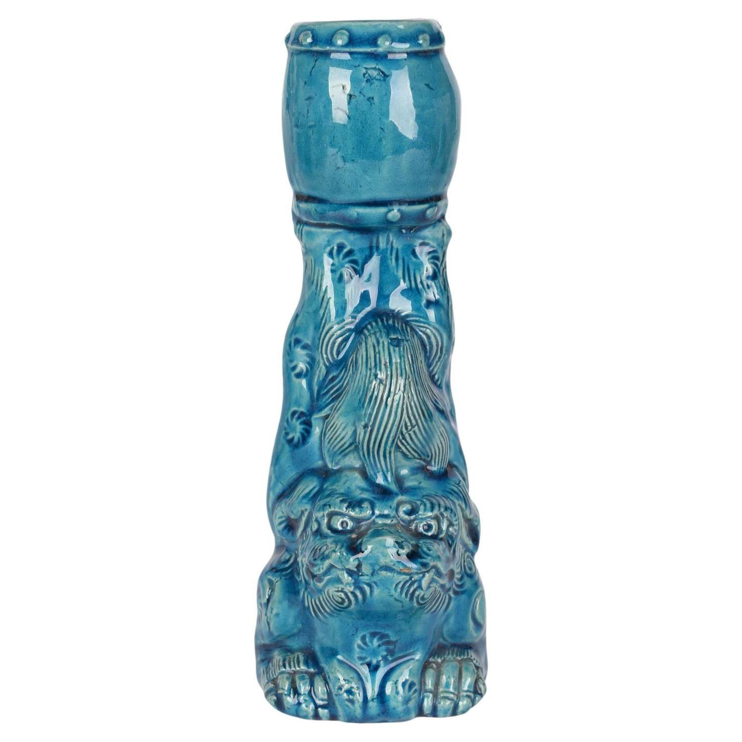 Chinese Qing Dog of Foo and Vase Turquoise Glazed Porcelain Vase