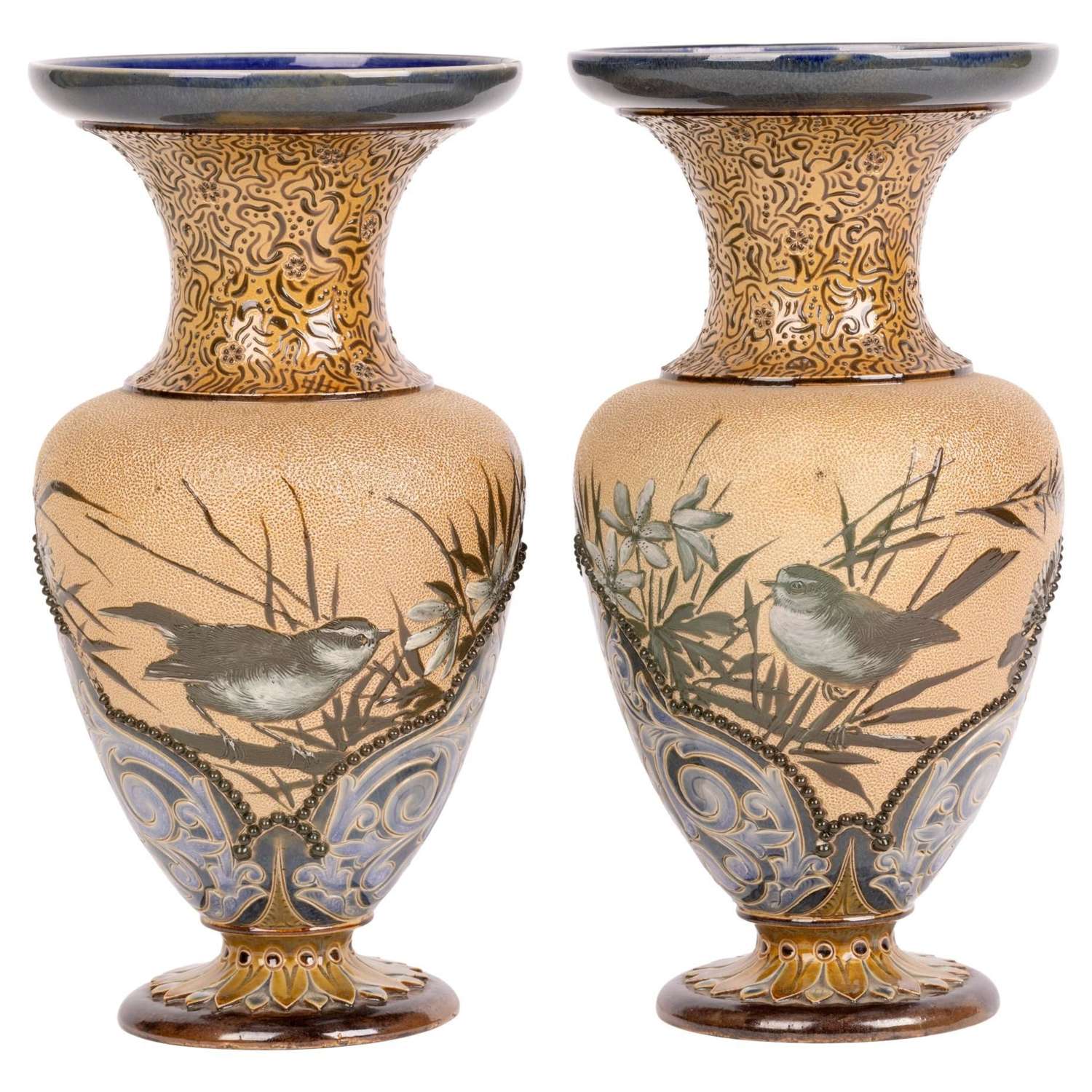 Florence Barlow Doulton Lambeth Pair Bird Decorated Vases