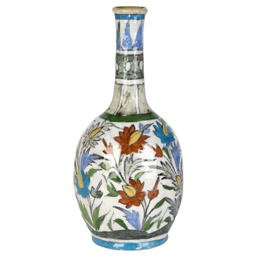Persian Art Pottery Bottle Shape Vase Hand-Painted with Floral Designs