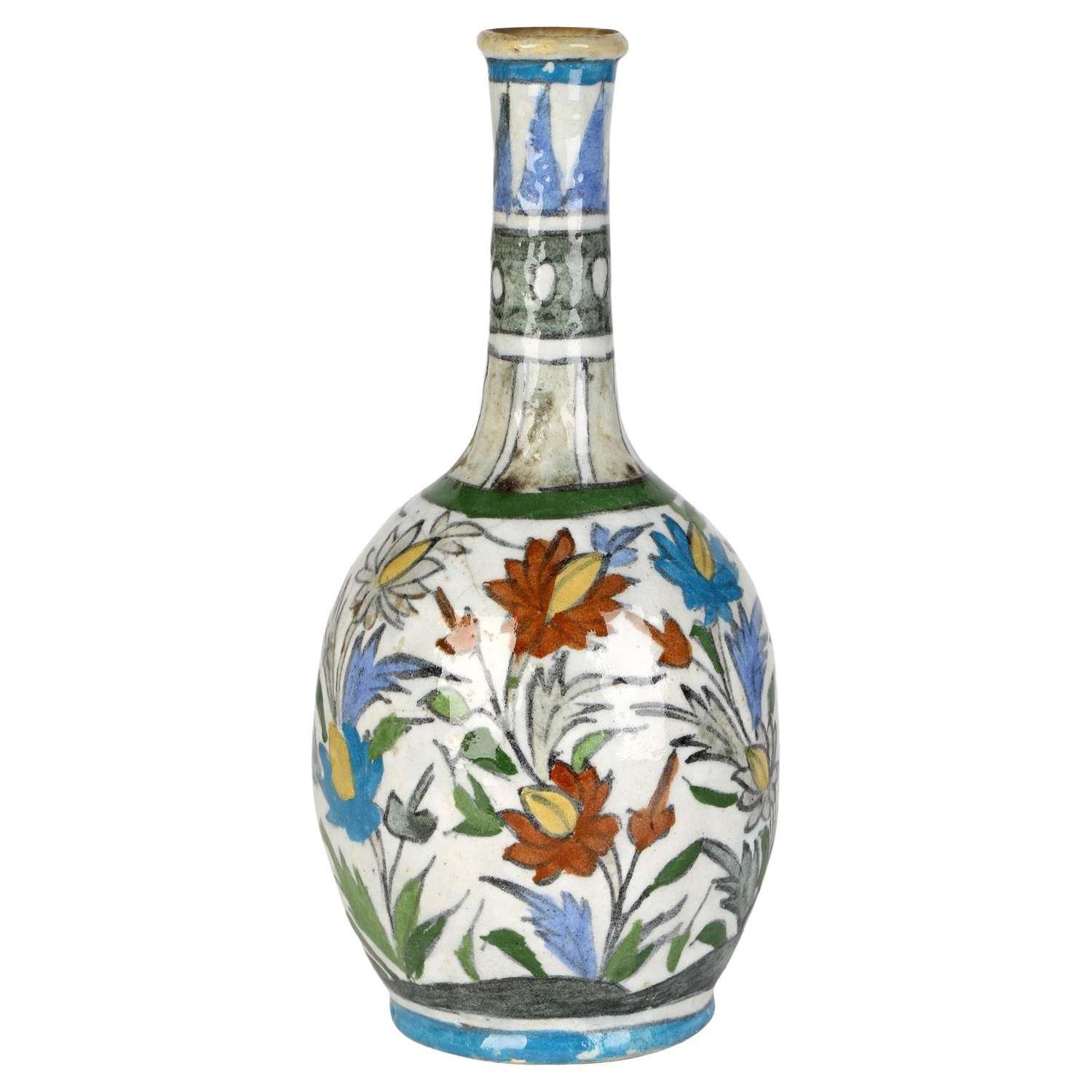 Persian Art Pottery Bottle Shape Vase Hand-Painted with Floral Designs