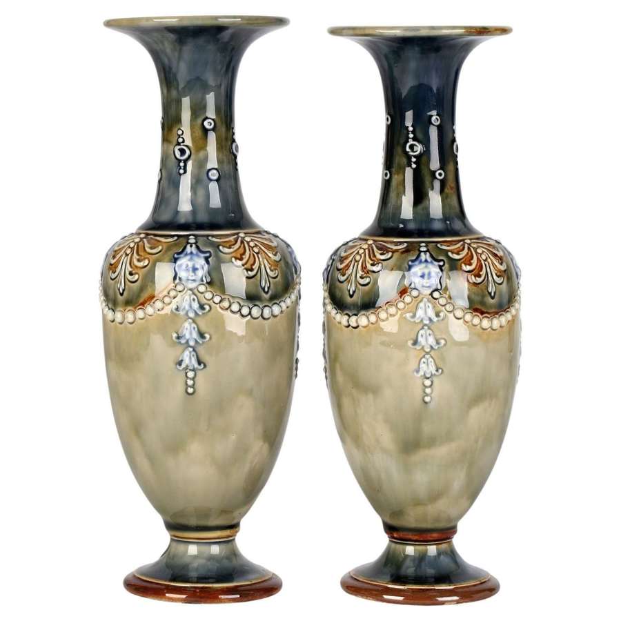 Annie Partridge Pair Doulton Lambeth Art Nouveau Maiden Mask Vases