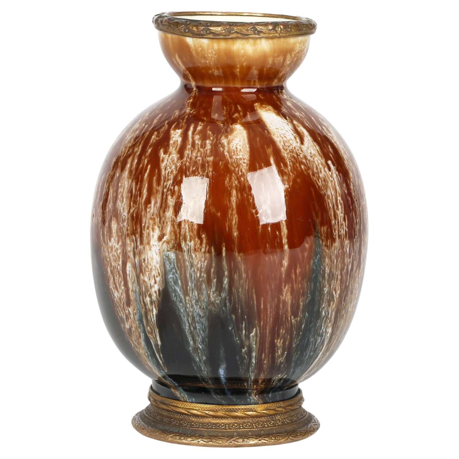 Boch Freres La Louviere Art Deco Bronze Mounted Streak Glazed Vase
