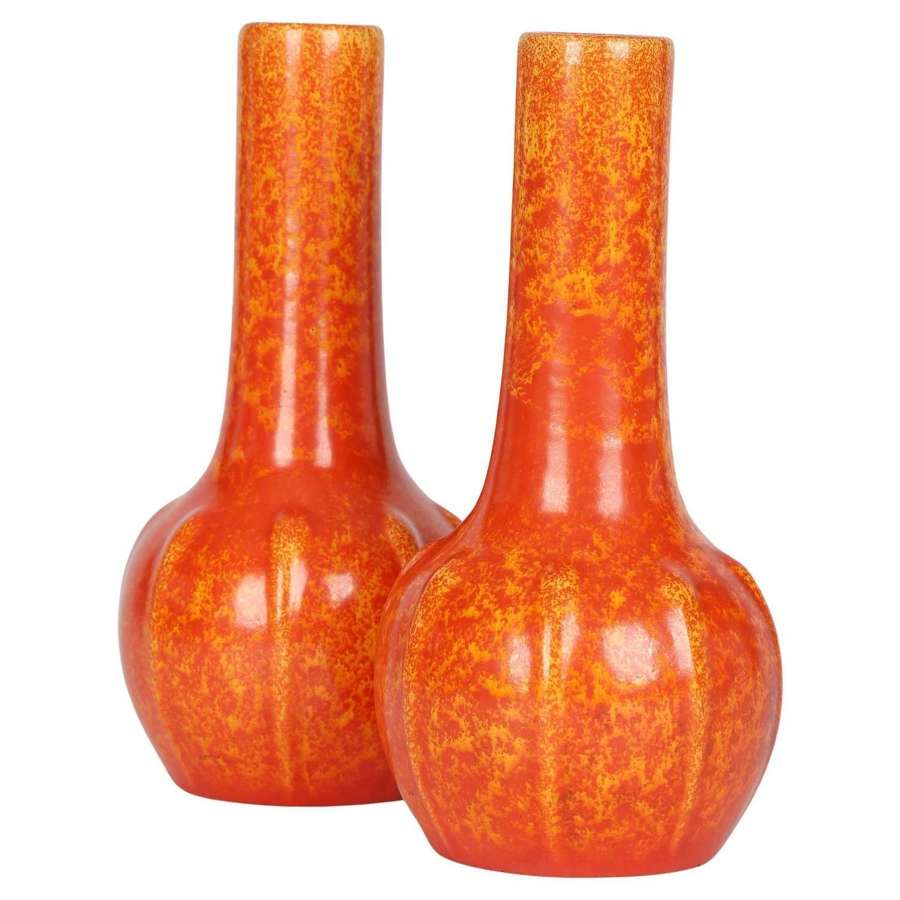 Pilkington Pair Art Deco Orange Vermilion Glazed Art Pottery Vases