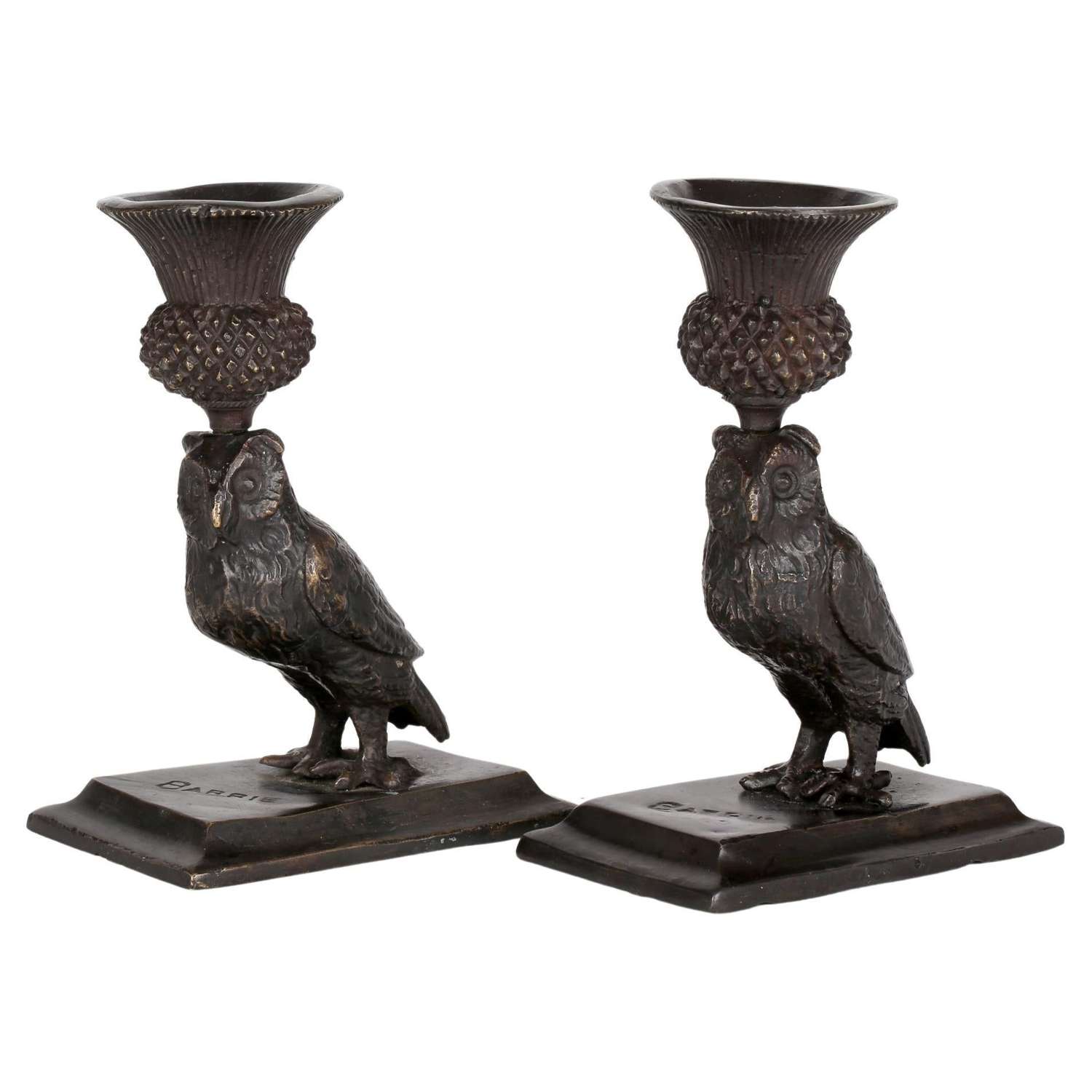 Art Deco Pair Bronze Owl Candlesticks Signed Barrie