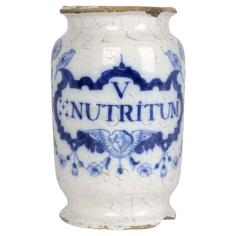 Delft Pottery Early 18th Century Apothecary Jar Marked Nutritum