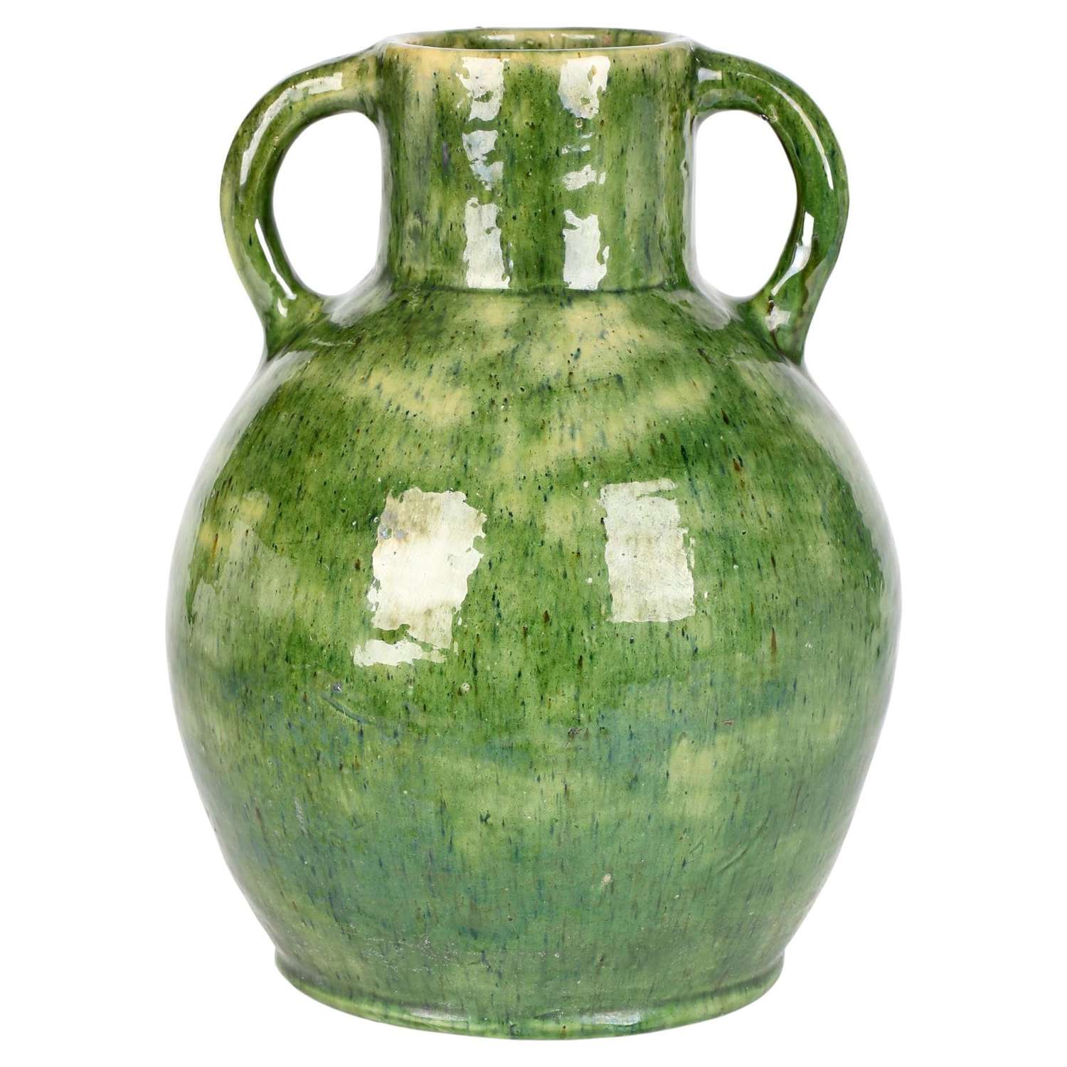 Belgian Art Nouveau Large Twin Handled Green Glazed Art Pottery Vase