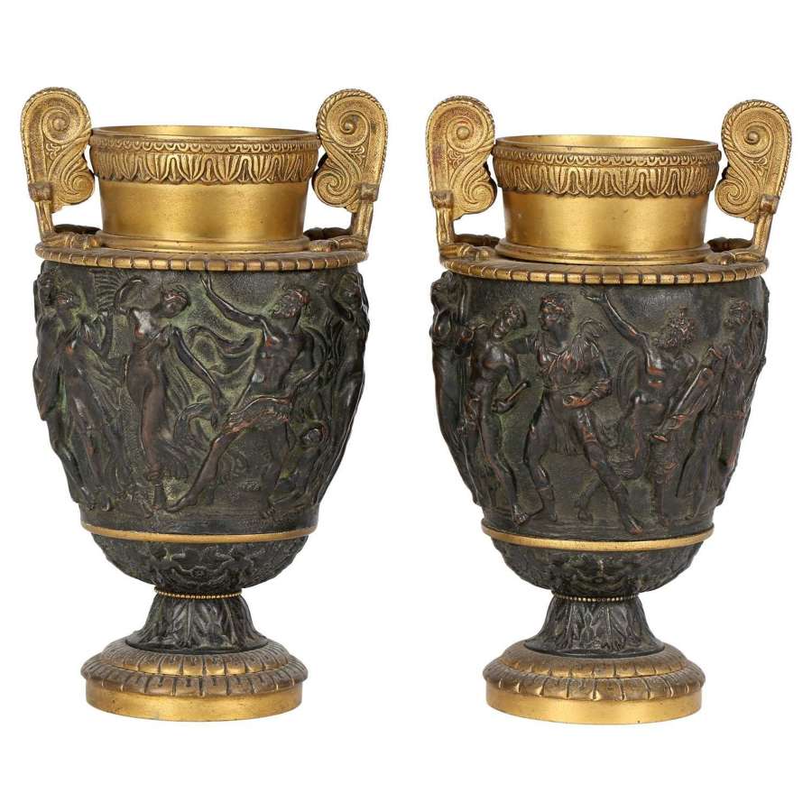 Italian Pair Gilt Mounted Bronze Neo-Classical Grand Tour Urns