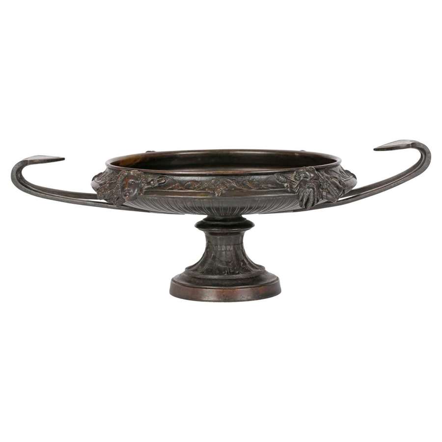 French Large Twin Handled Bronze Tazza with Classical Masks