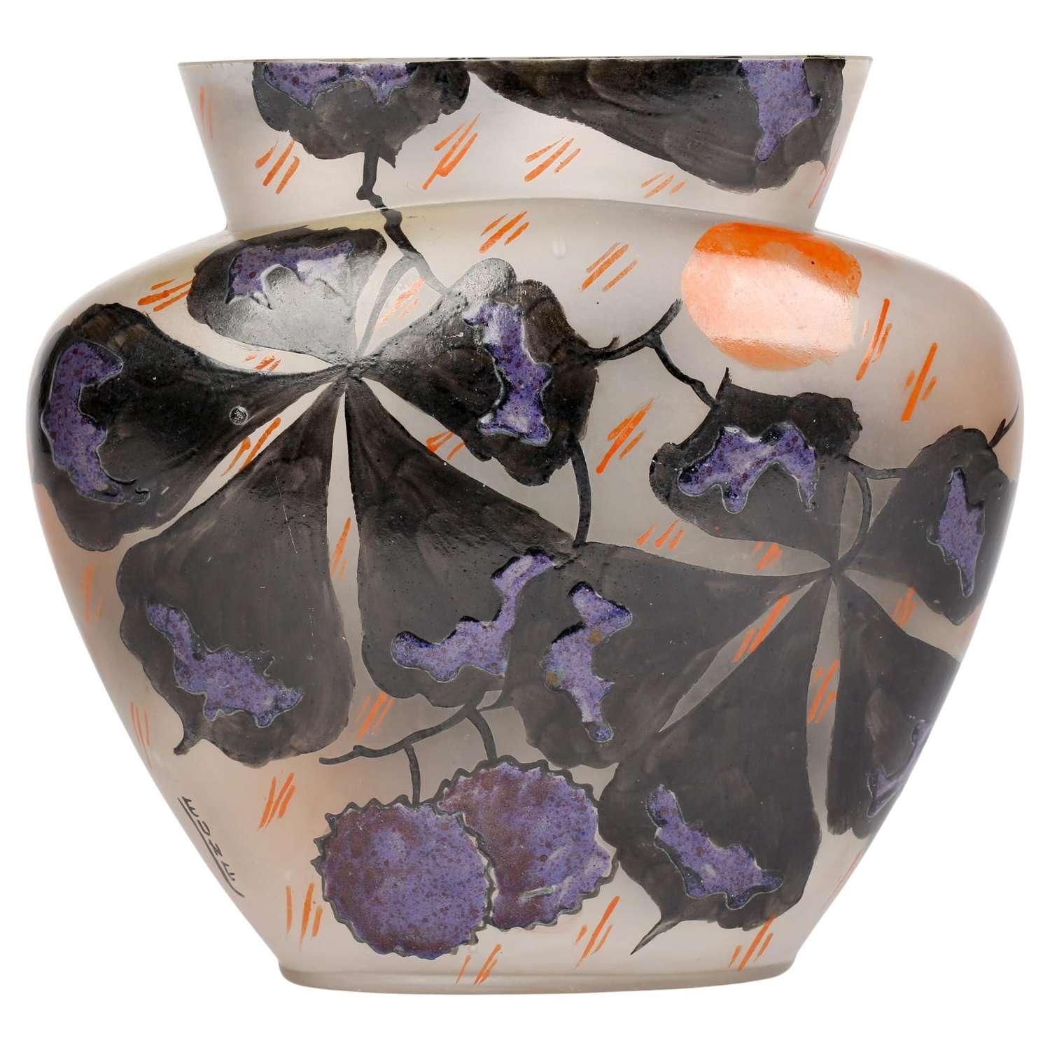 Leune French Art Deco Hand-Enameled Art Glass Vase with Chestnuts