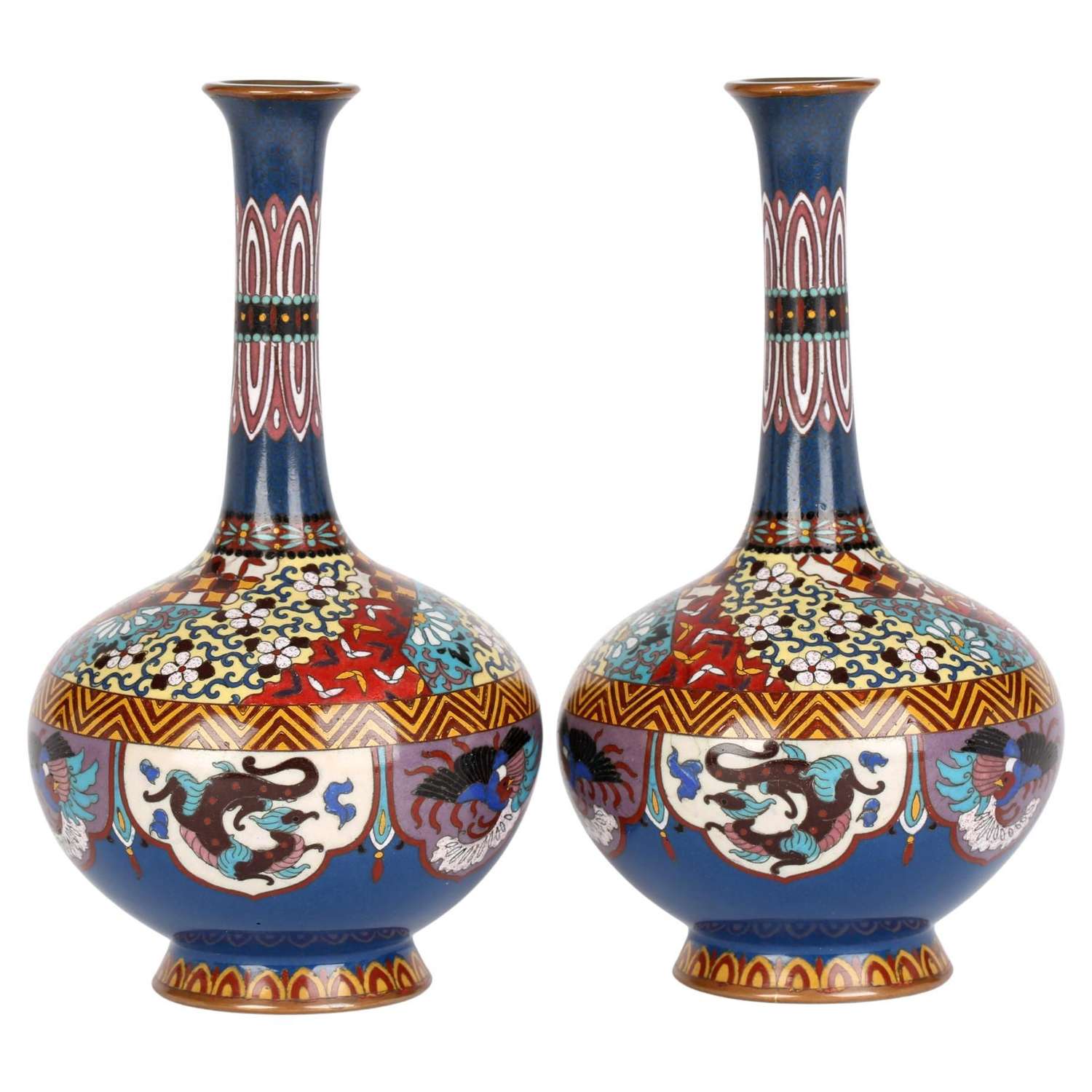 Chinese Pair Cloisonne Bottle Vases with Dragons & Ho Ho Birds
