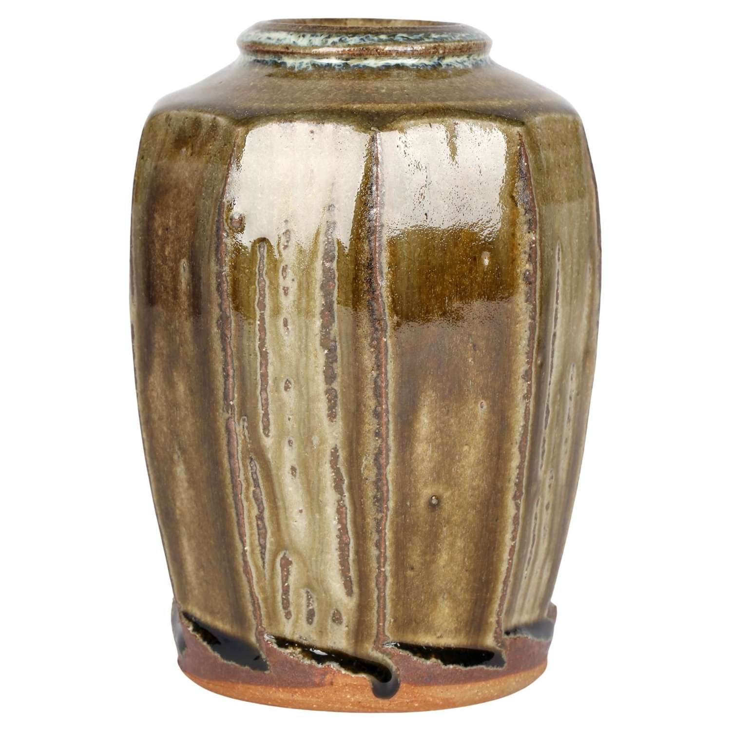 Mike Dodd Studio Pottery Green Glazed Faceted Stoneware Vase