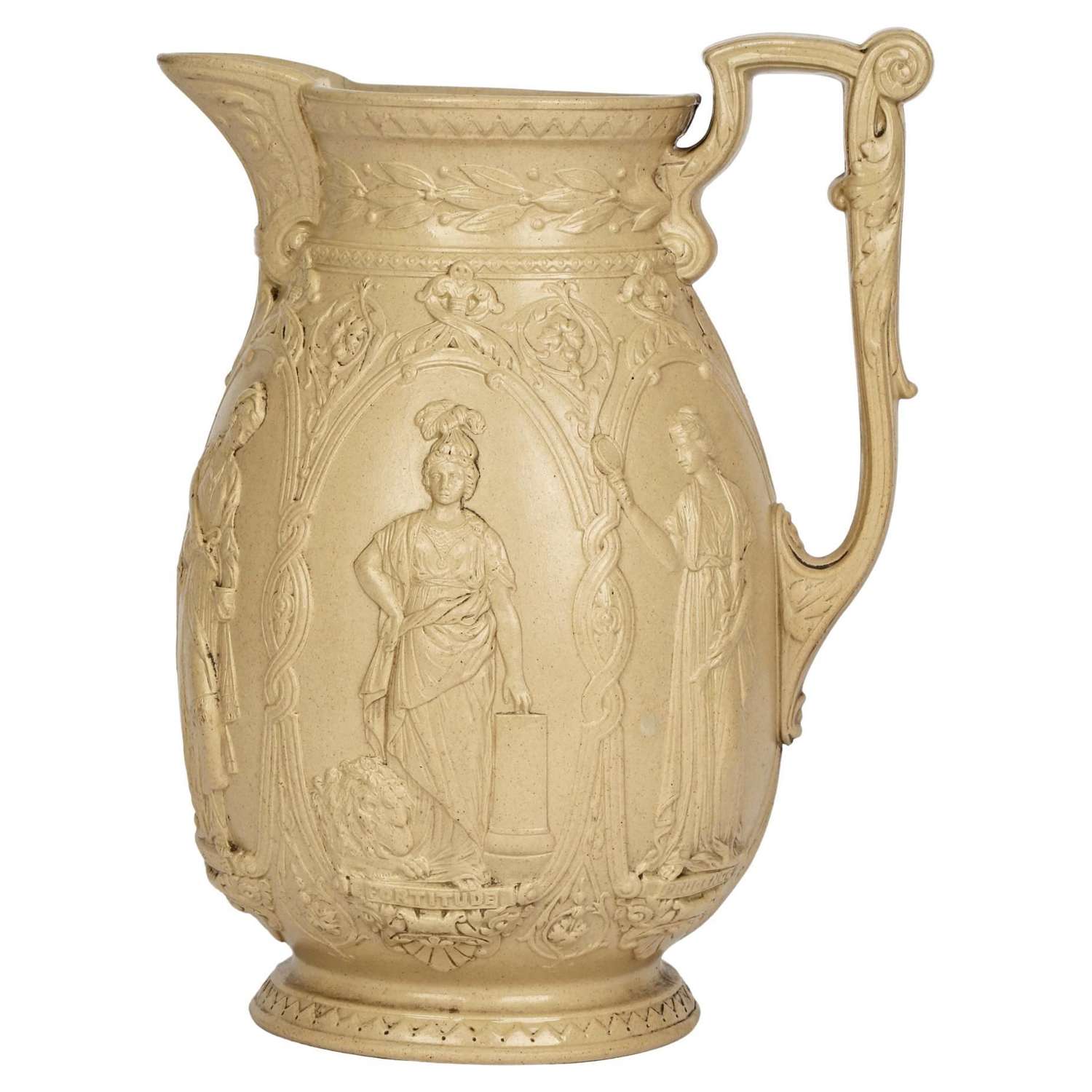 Old Hall Drabware Ceramic Jug with Female Cardinal Virtues Figures