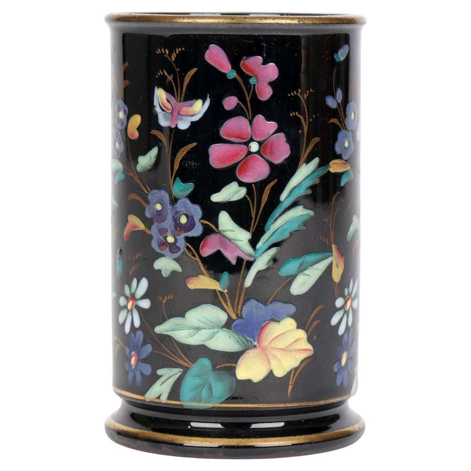 Victorian Jackfield Style Ceramic Vase with Hand Enameled Floral Desig