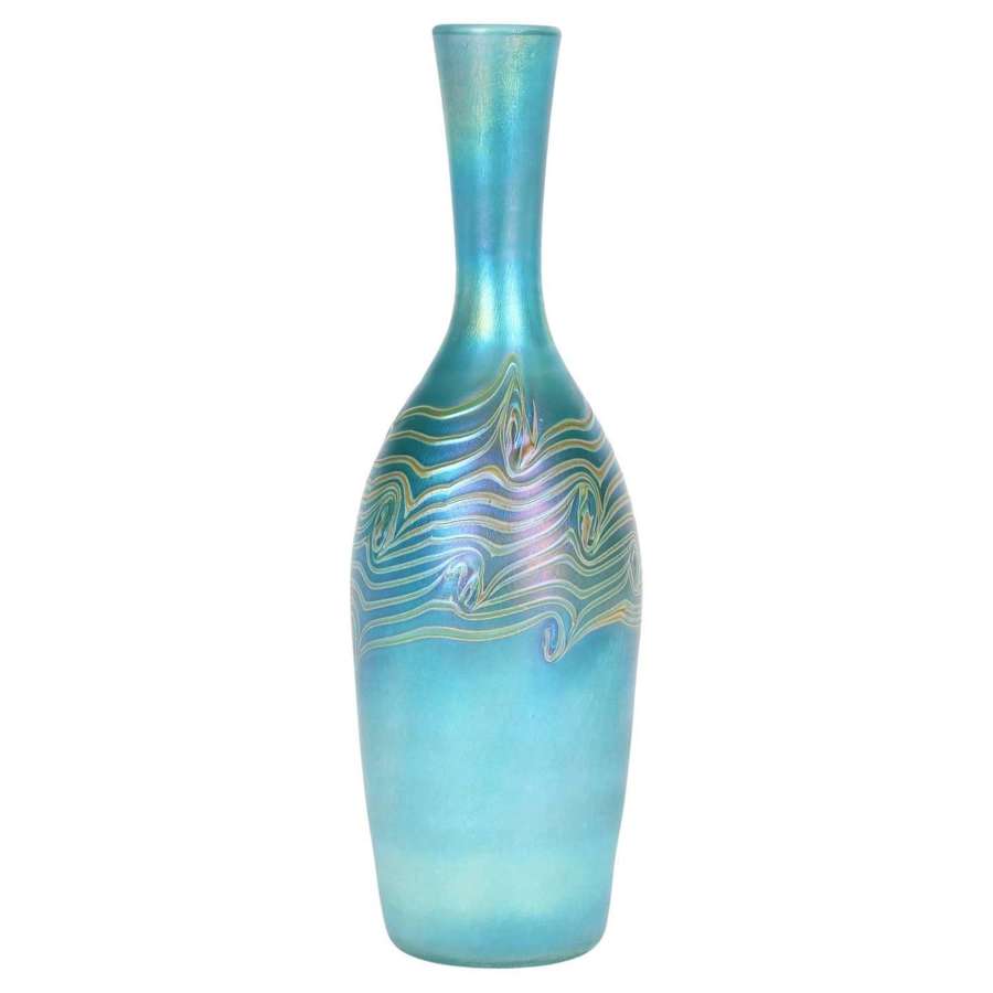 Iridescent Blue Bottle Shaped Art Glass Vase with Peacock Feather Trai