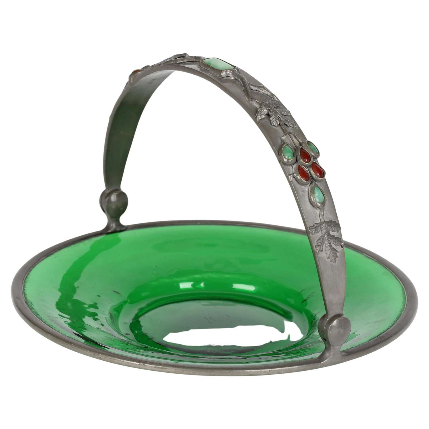 Arts & Crafts Gem Set Pewter Mounted Green Glass Dish