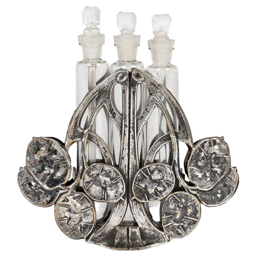 Art Nouveau Silver Plated Seed Head Triple Scent Bottle Holder