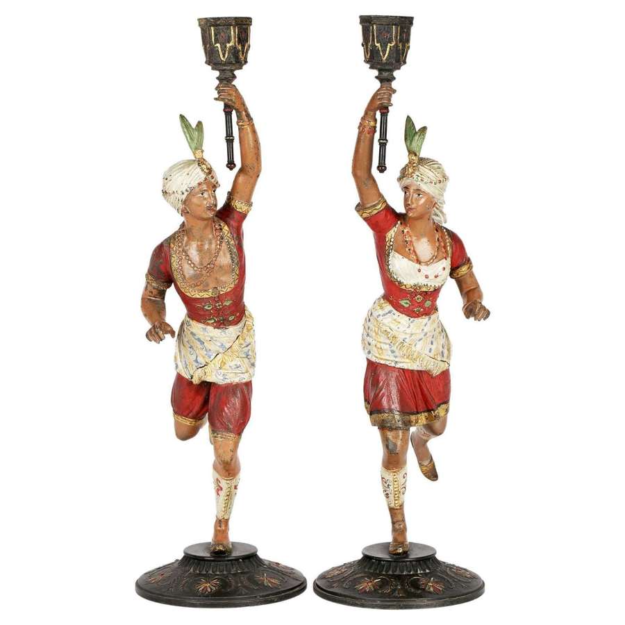 Pair Continental, Probably French, Cold Painted Figural Candlesticks