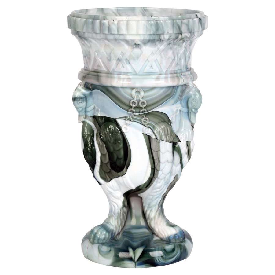 Sowerby Molded Marbled Slag Glass Gryphon Vase