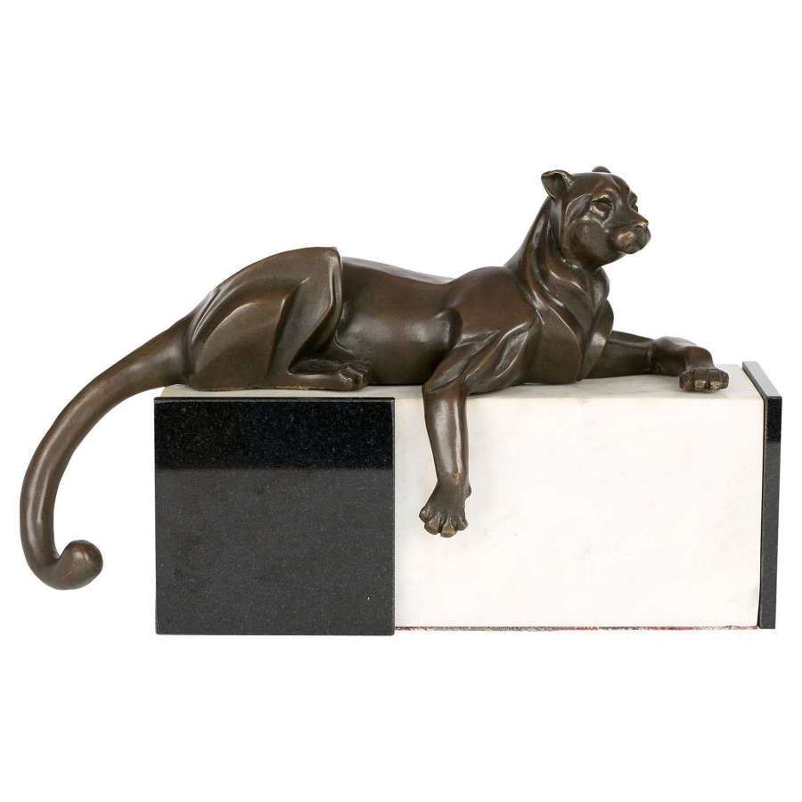 Milo Art Deco Style Bronze Resting Panther on Marble Stand Sculpture