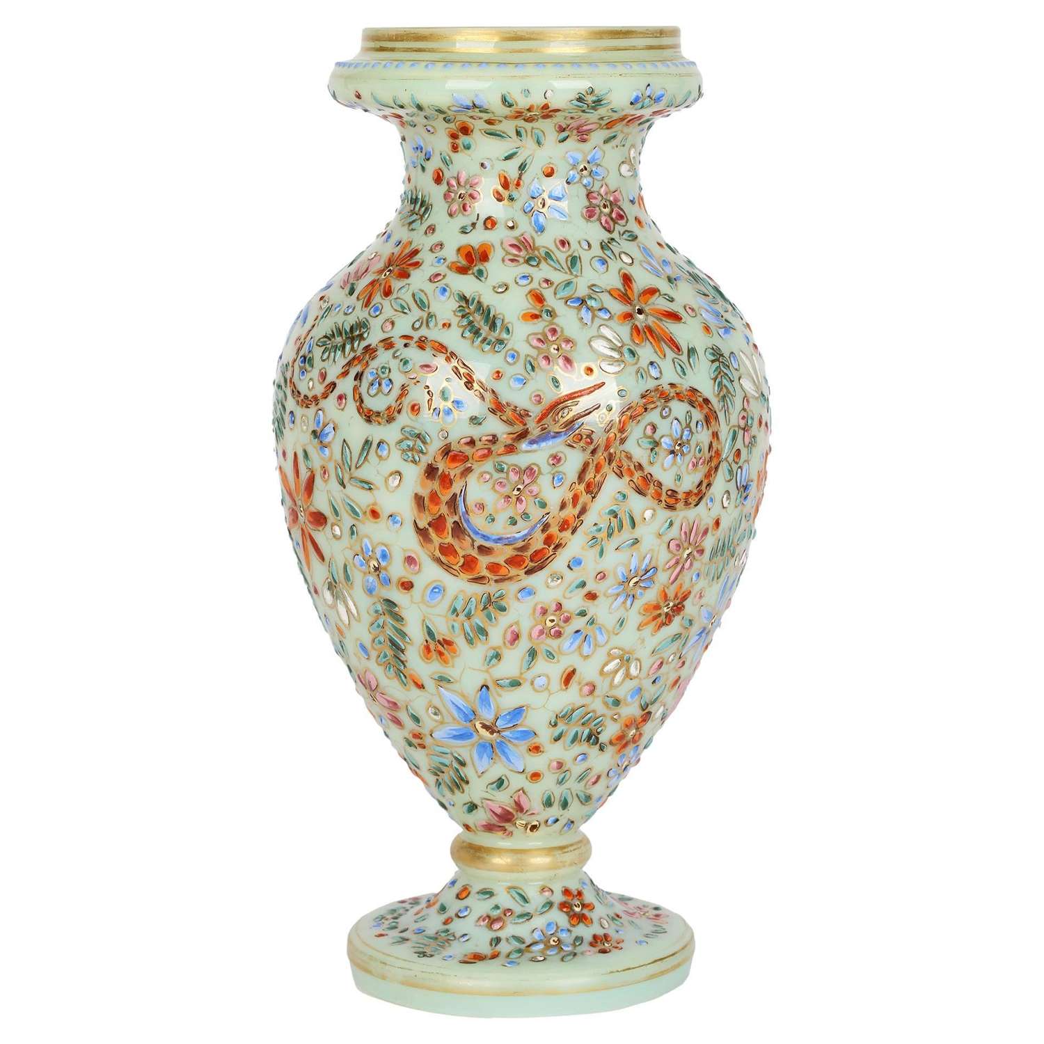Moser Attributed Enamel Snake Decorated Opalescent Glass Vase