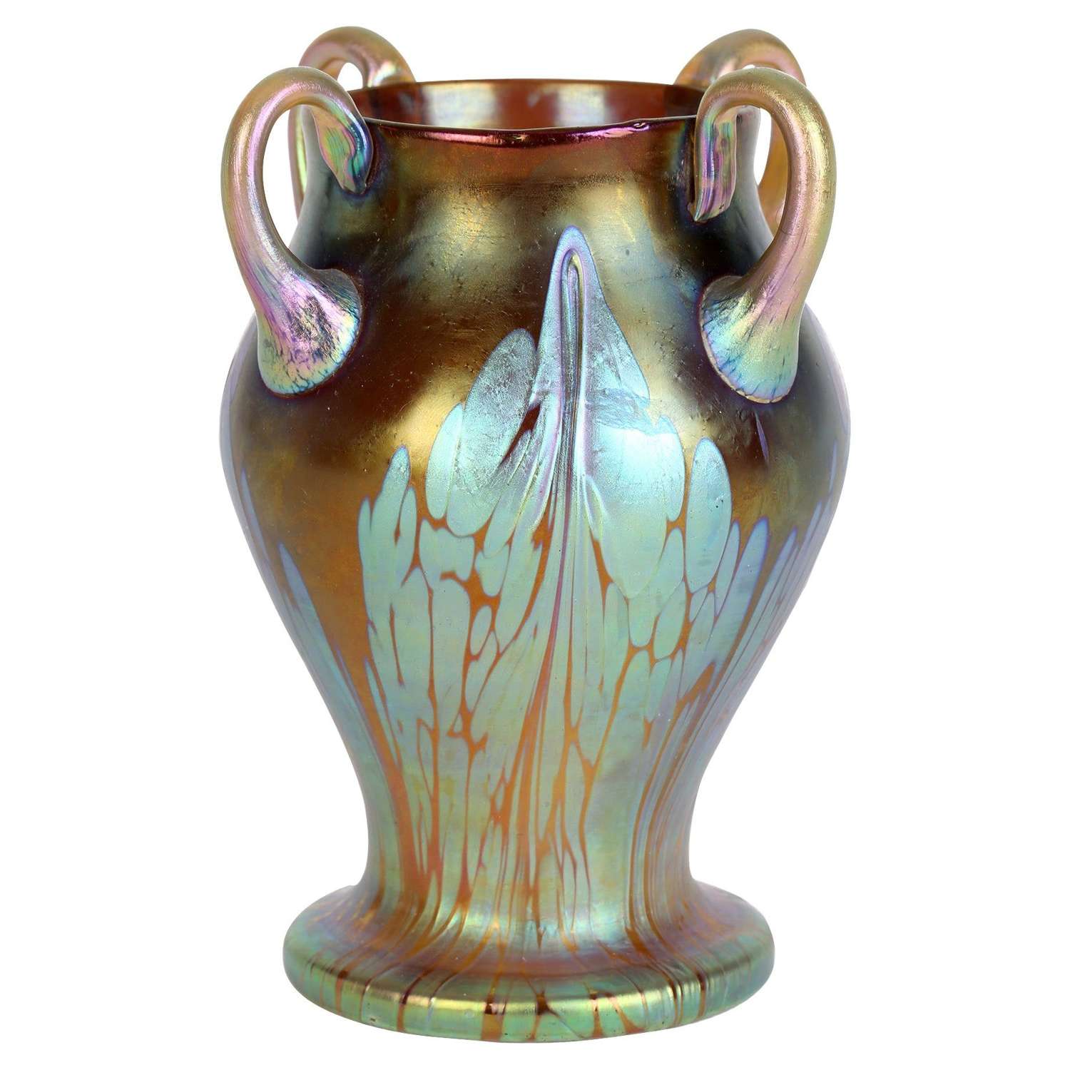 Loetz Art Nouveau Four Handled Phaenomen Iridescent Art Glass Vase