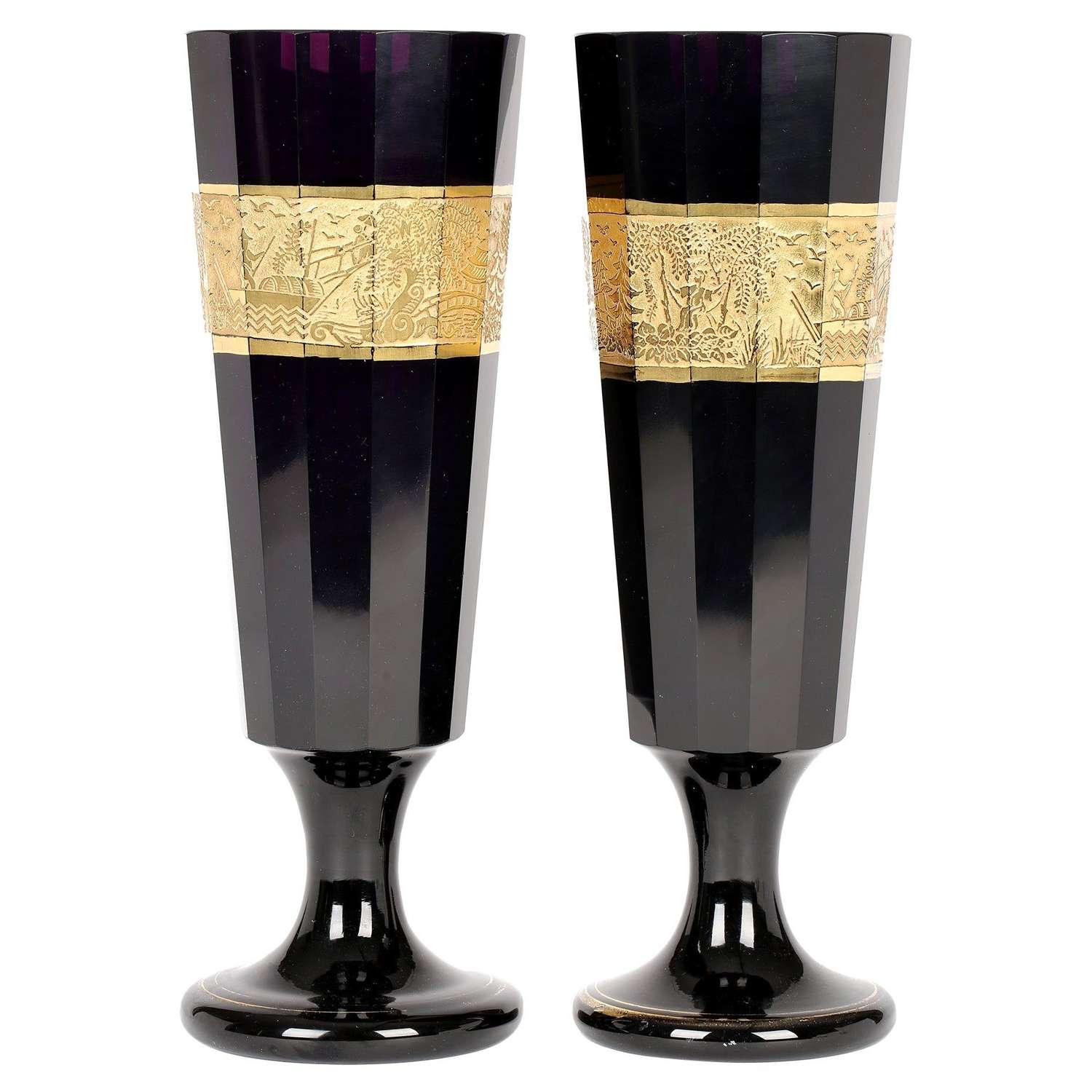 Moser Large Pair Amethyst Pedestal Glass Vases with Chinese Designs