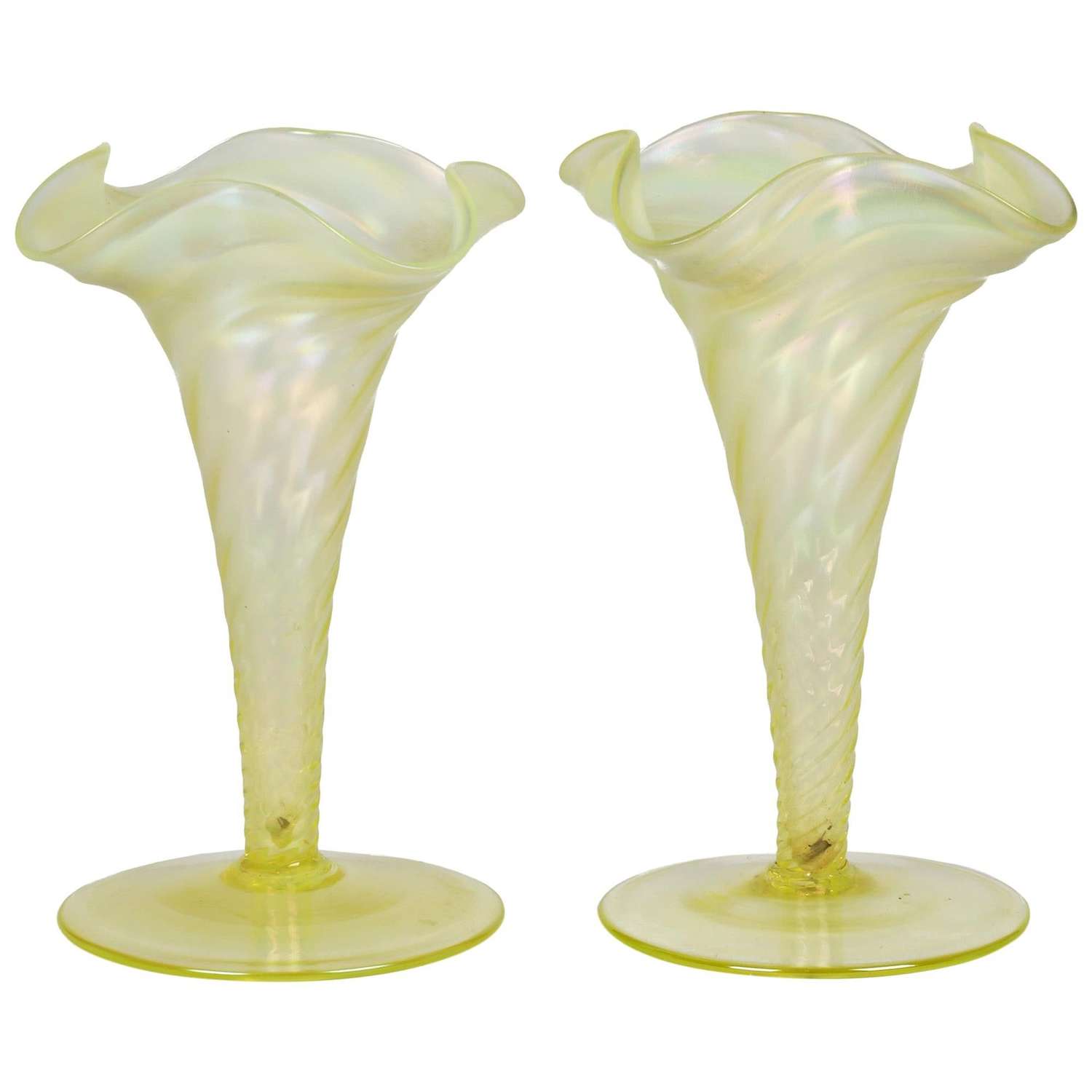 James Powell & Sons Pair Opalescent Yellow Uranium Glass Vases