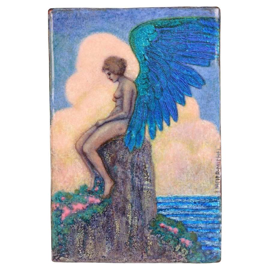 Johanna Meier-Michel Art Nouveau Enamel Panel with Nude Winged Angel