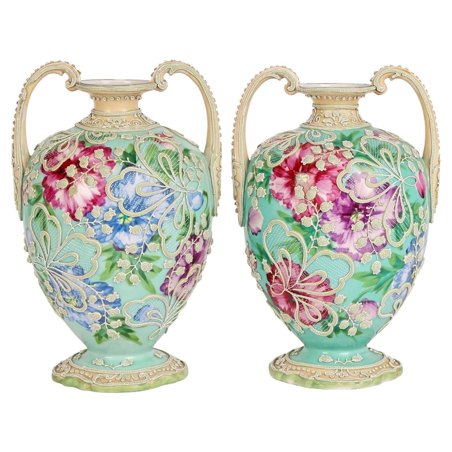 Japanese Pair Meiji Twin Handled Moriage Floral Painted Vases