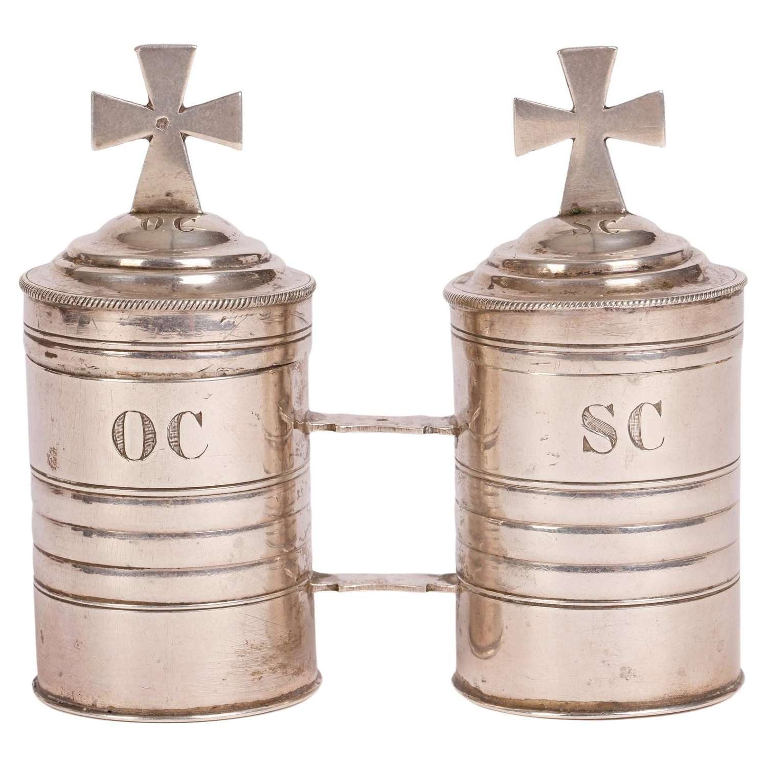 French Original Cased Pair Silver Baptismal Oil Containers