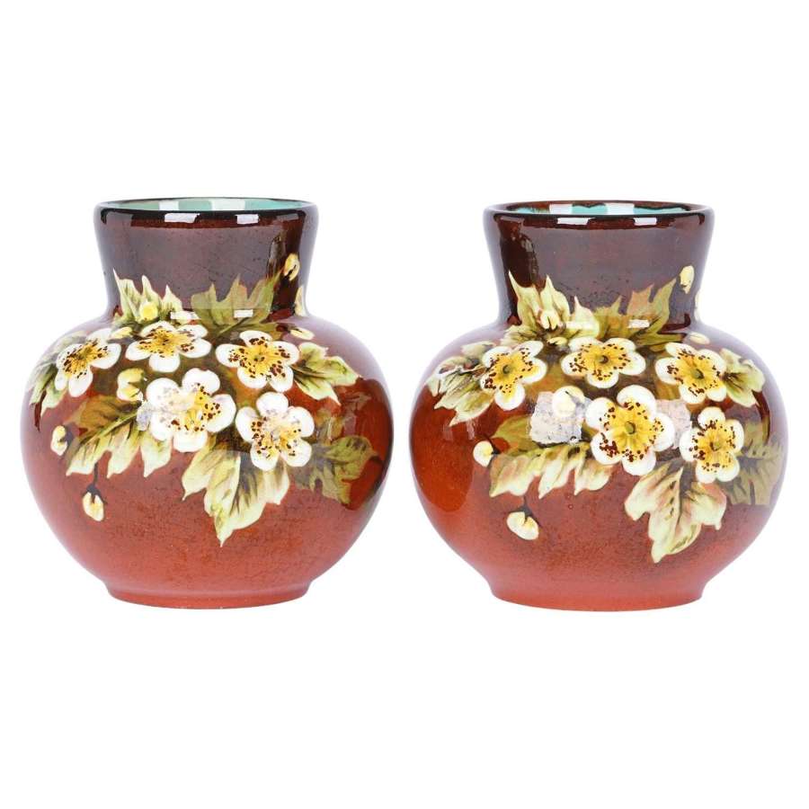 Doulton Lambeth Pair Impasto Floral Painted Vases by Miss L Rogers