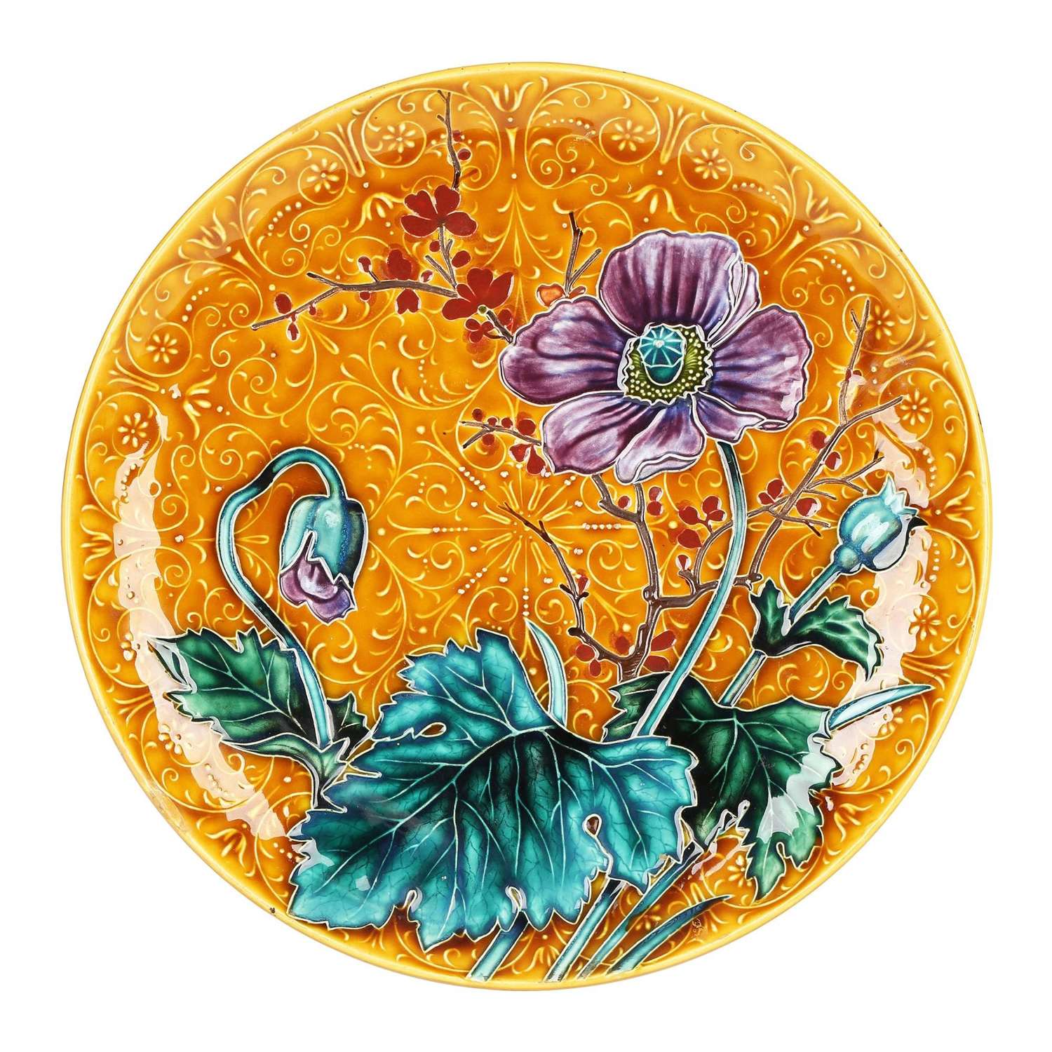 Austrian Art Nouveau Pottery Wall Plaque with Tubelined Floral Designs