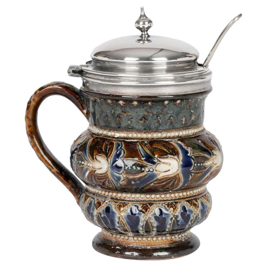 Doulton Lambeth Silver Plate Mounted Mustard Pot by Emily Partington,