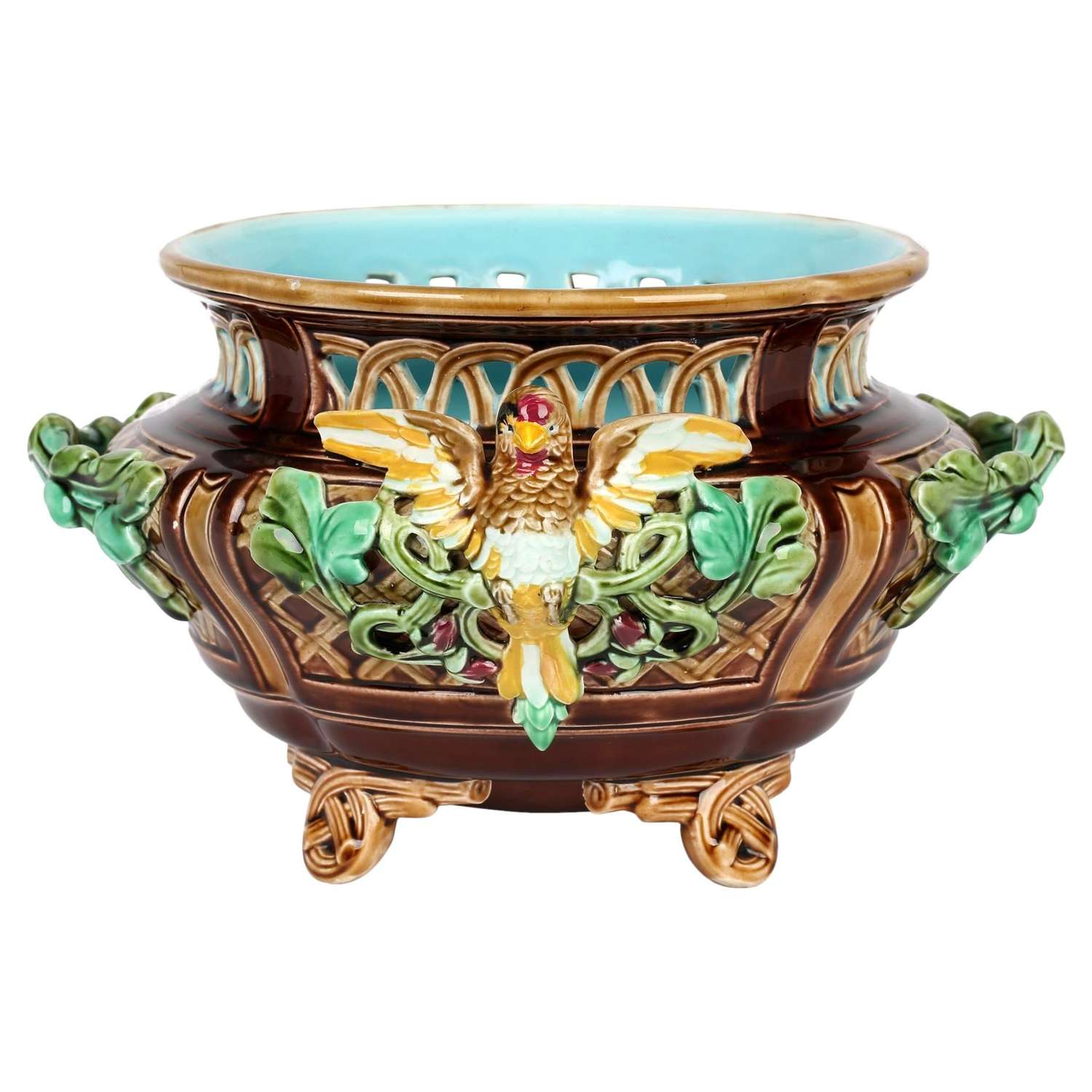 Sarreguemines French Majolica Twin Handle Bird Mounted Pottery Bowl