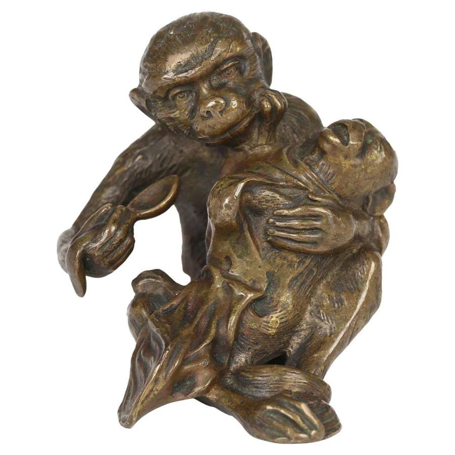 Unusual Austrian Novelty Bronze Monkey Feeding Baby Bronze Sculpture