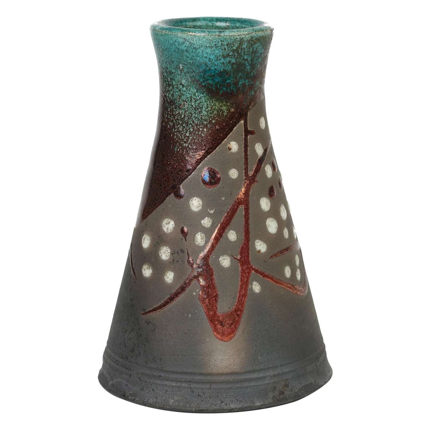 Stylish Raku Metallic Glazed Conical Shape Signed Studio Pottery Vase