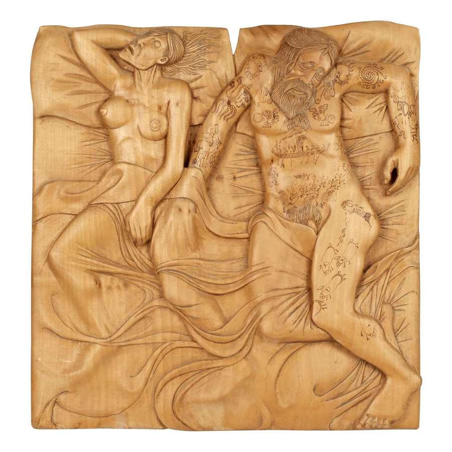 John Baldwin Nude Couple in Bed Unique Hand Carved Sculptural Wooden P