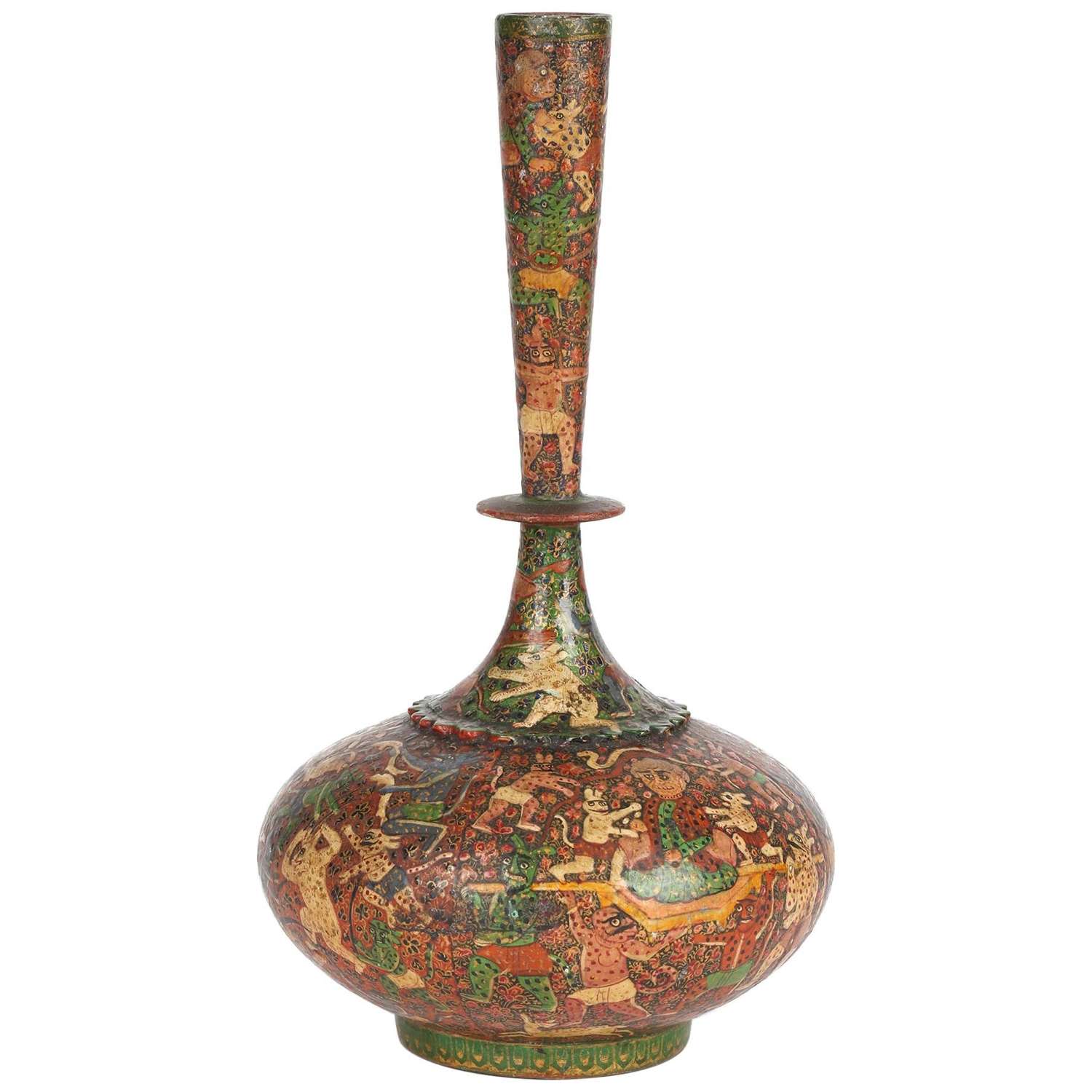 Kashmiri Indian Unusual Antique Lacquered Bottle Vase with Mythical Fi