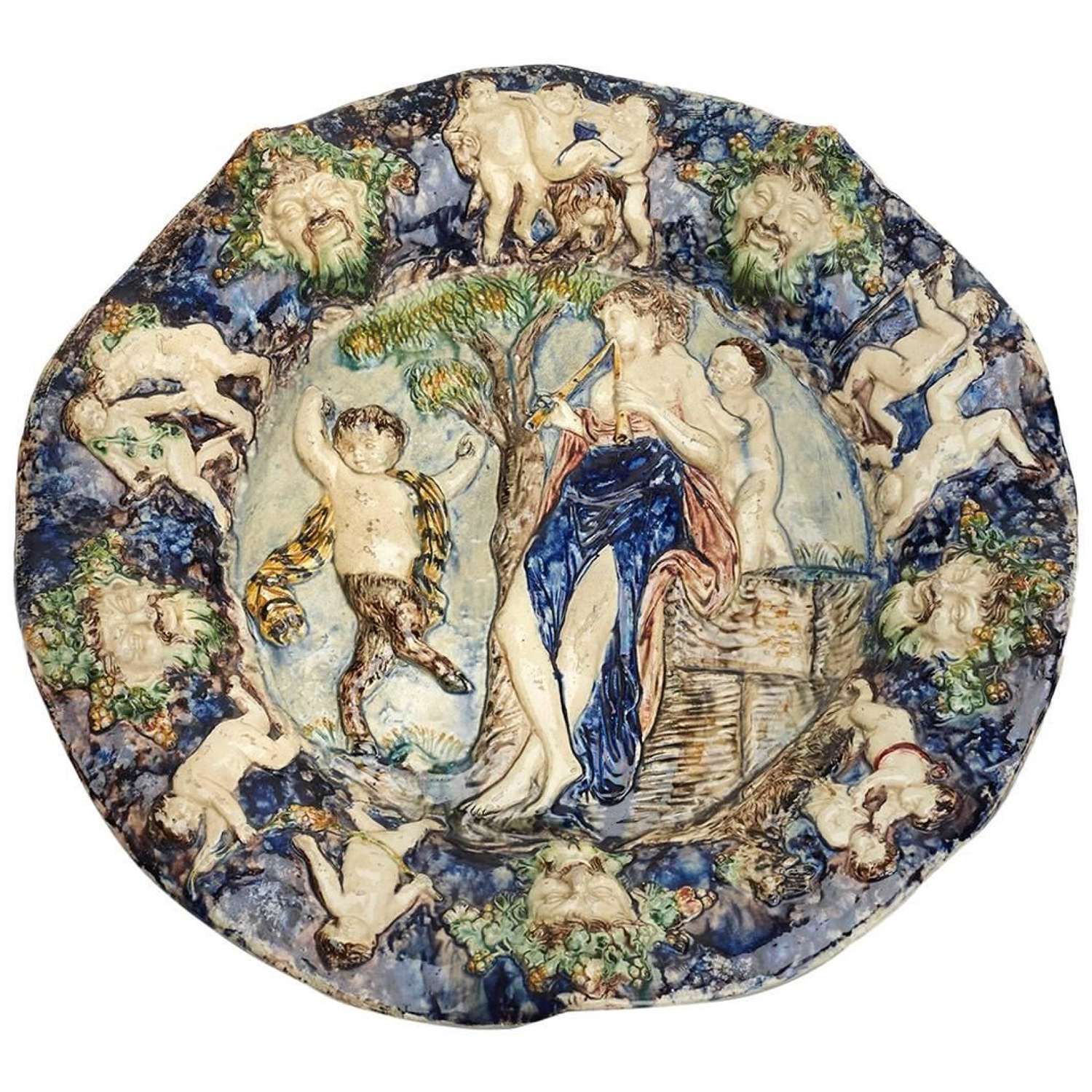 French Bernard Palissy Figural Majolica Plaque, 16th-17th Century