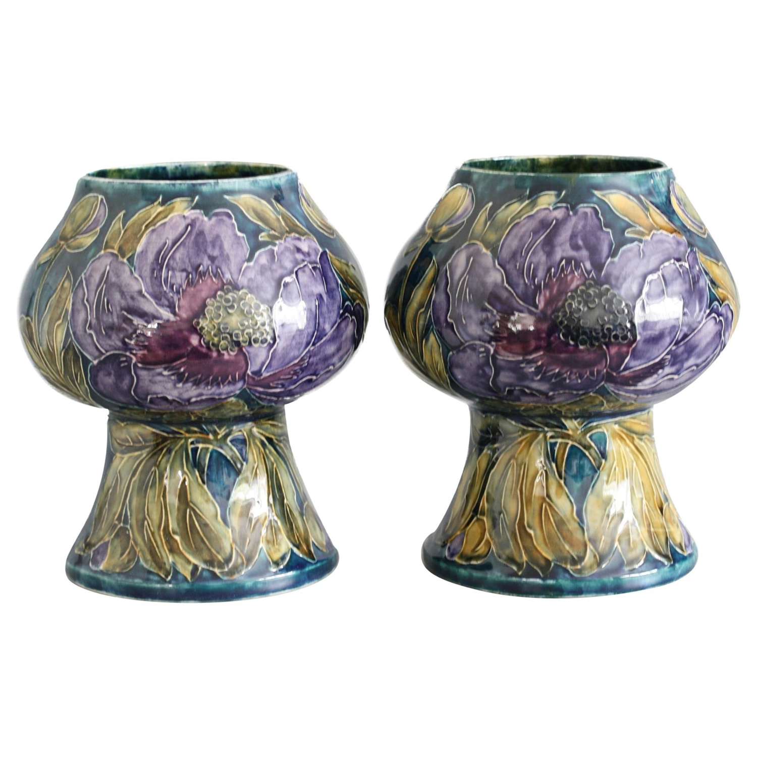 George Cartlidge Pair of Hancock Morris Ware Art Deco Vases Painted wi