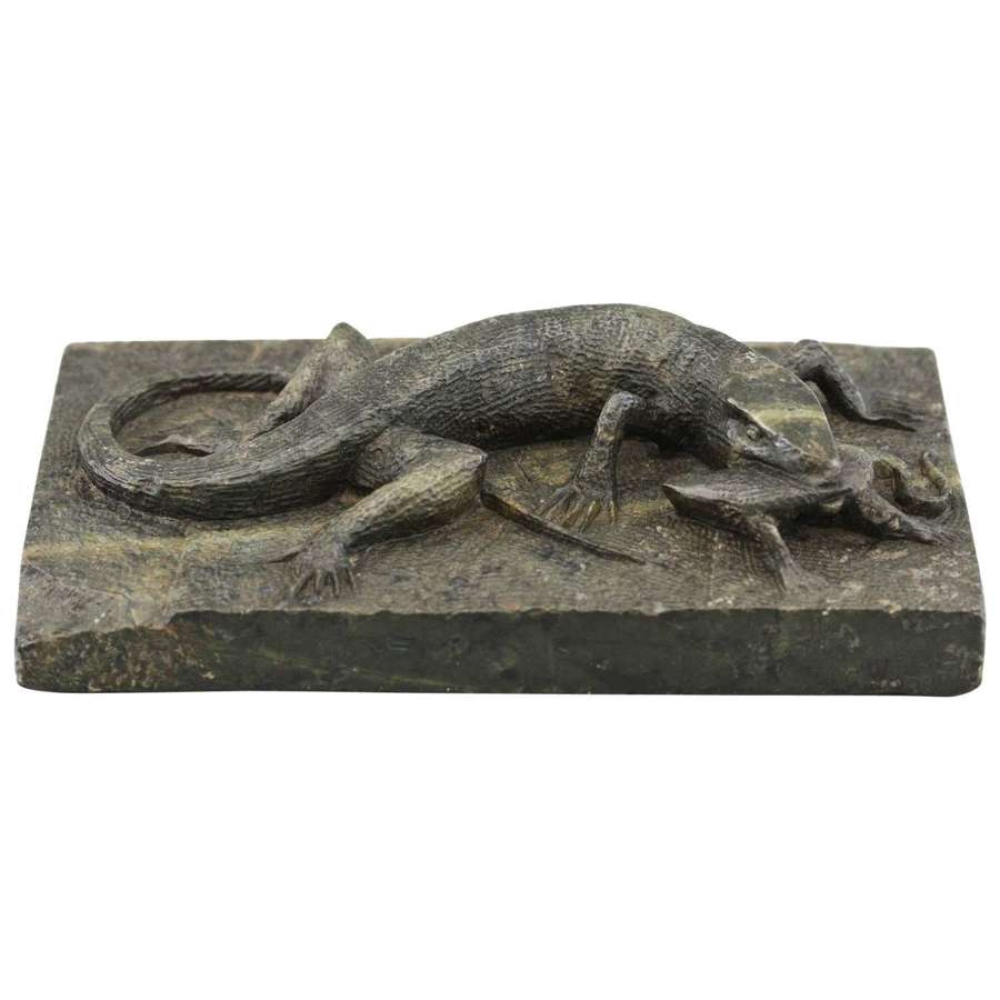 Unusual Antique Hand Carved Lizard and Prey Hard Stone Desk Weight, 19
