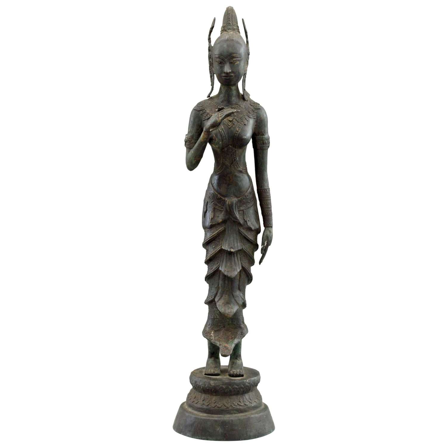 Indonesian Antique Bronze Slender Goddess Figure with Lotus Flower