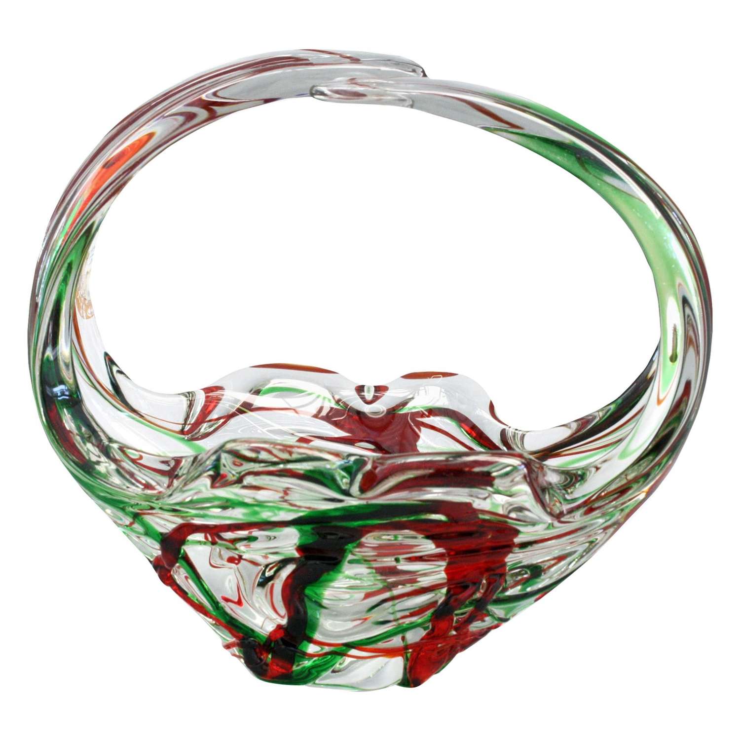 Murano Italian Midcentury Red & Green Trailed Art Glass Bowl