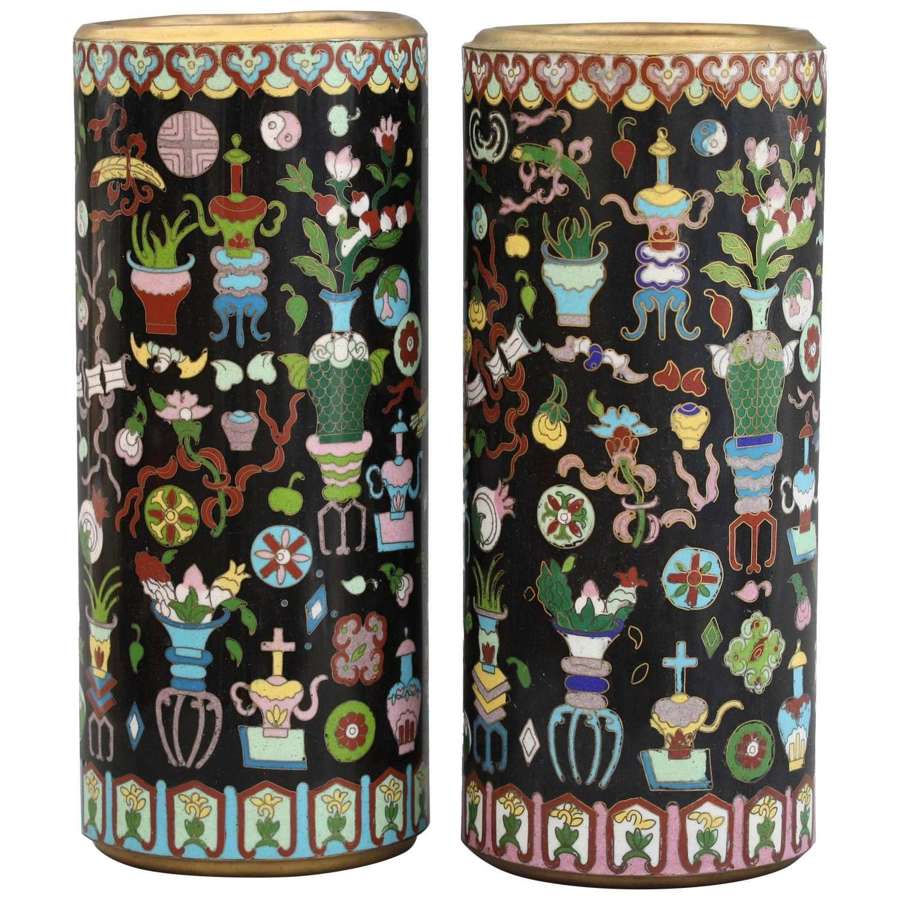 Pair of Chinese Cloisonné Cylindrical Precious Object Vases