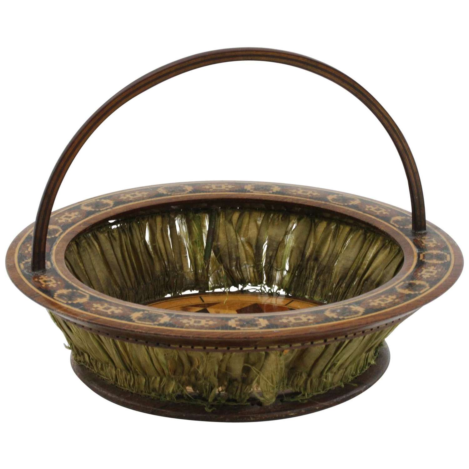 Late Georgian Rare Tunbridgeware Wood and Silk Sewing Basket